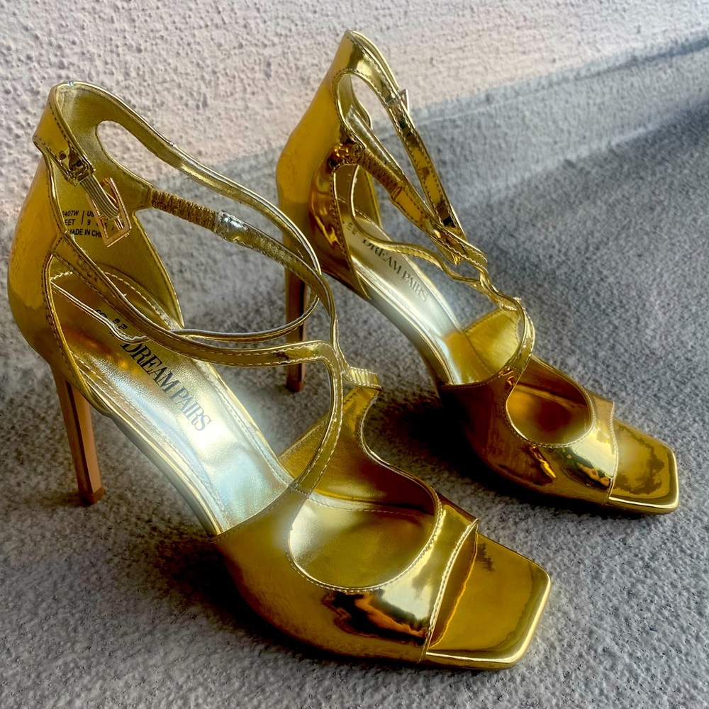 Gold High Heel Sadals
Slightly on the larger side (maybe by half an inch)